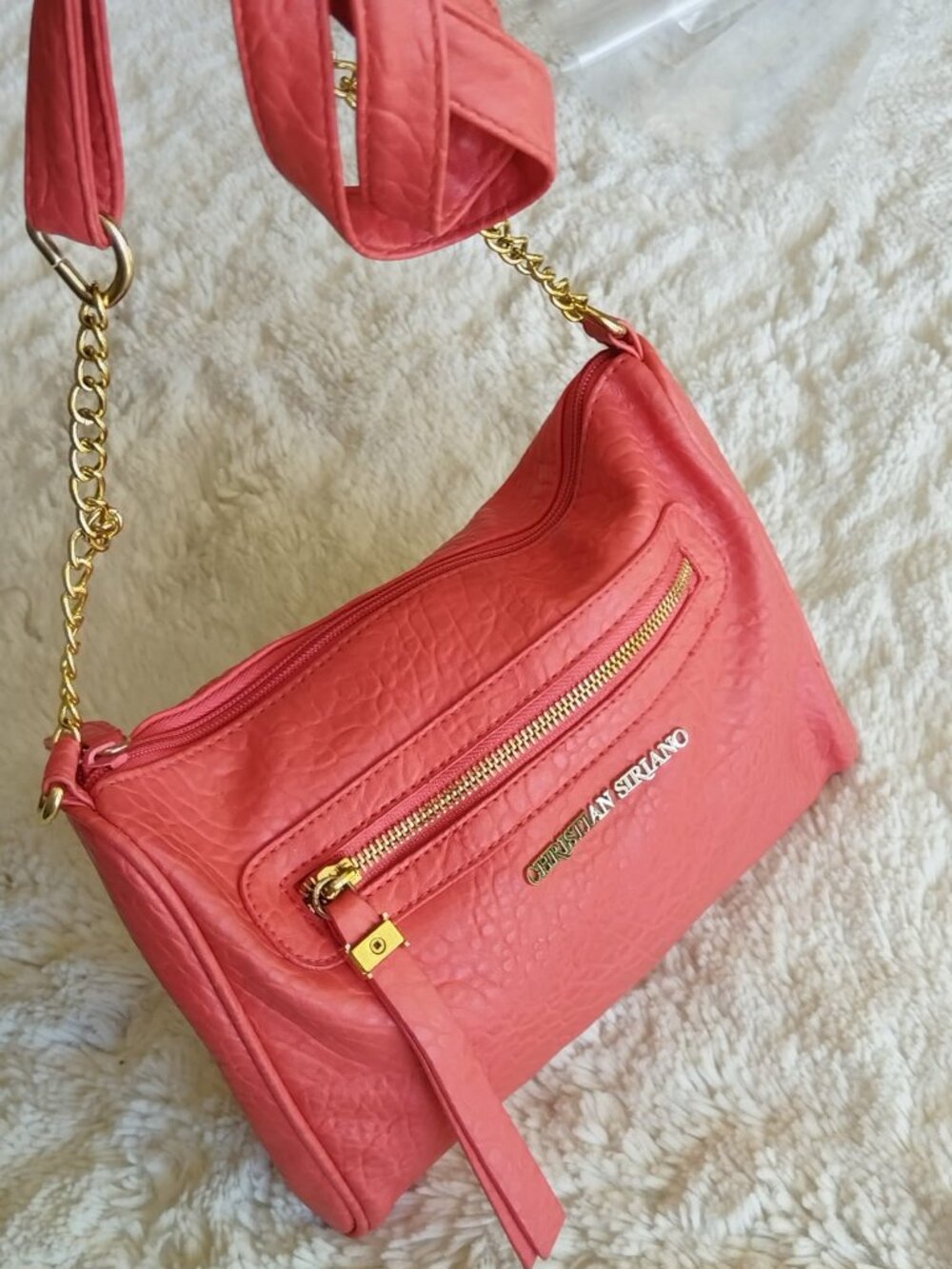 Christian Siriano Coral Pink Faux Leather Crossbody Purse Gold Hardware 141047